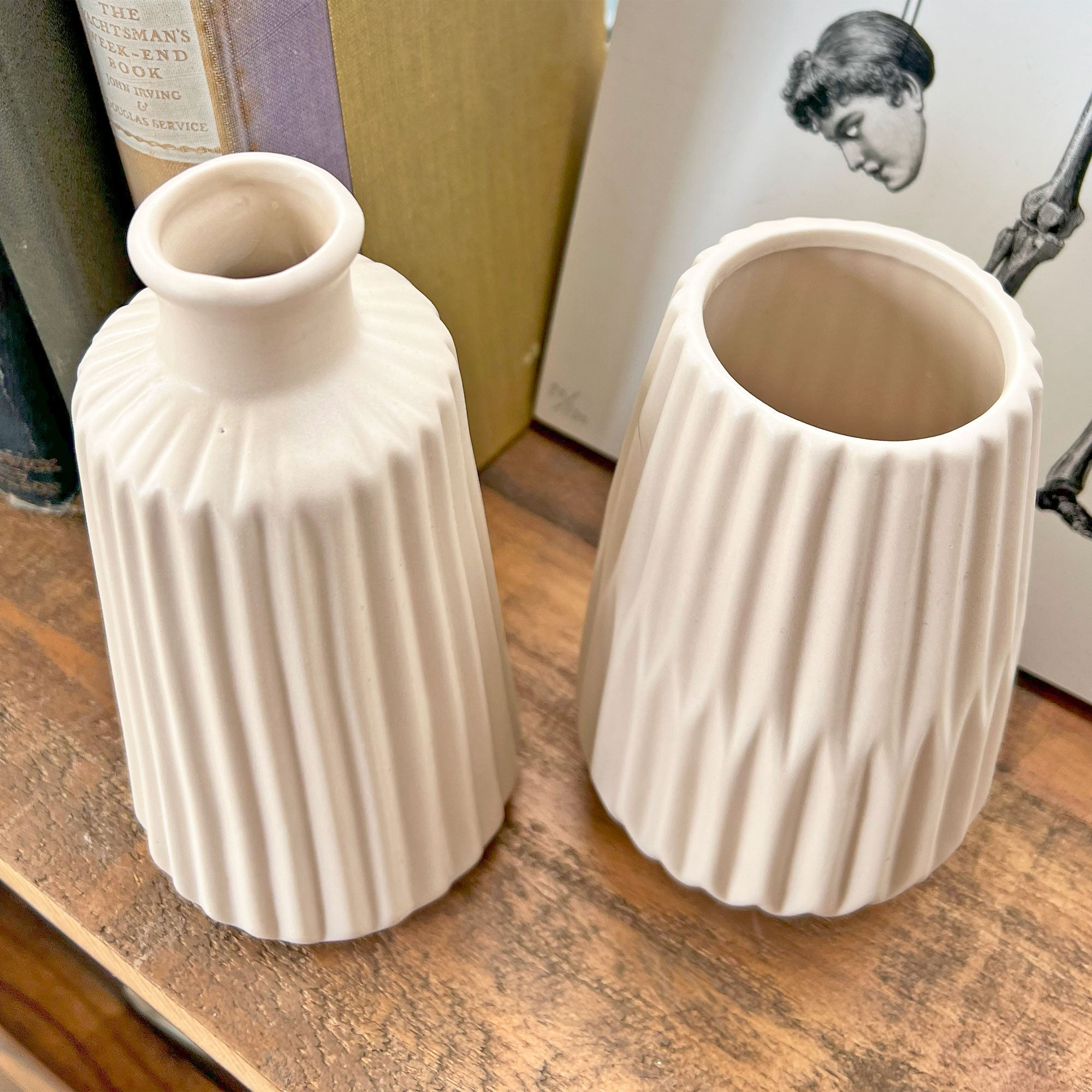 Set 2 Esko Beige Ceramic Porcelain Bud Vases