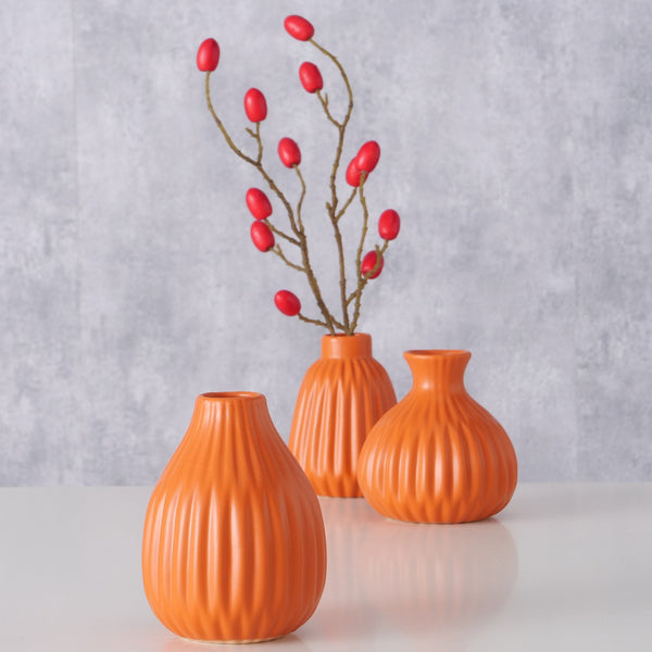 Set 3 Orange Porcelain Bud Vases Pleated Design