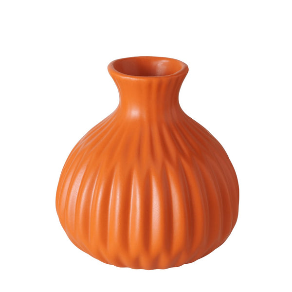 Set 3 Orange Porcelain Bud Vases Pleated Design