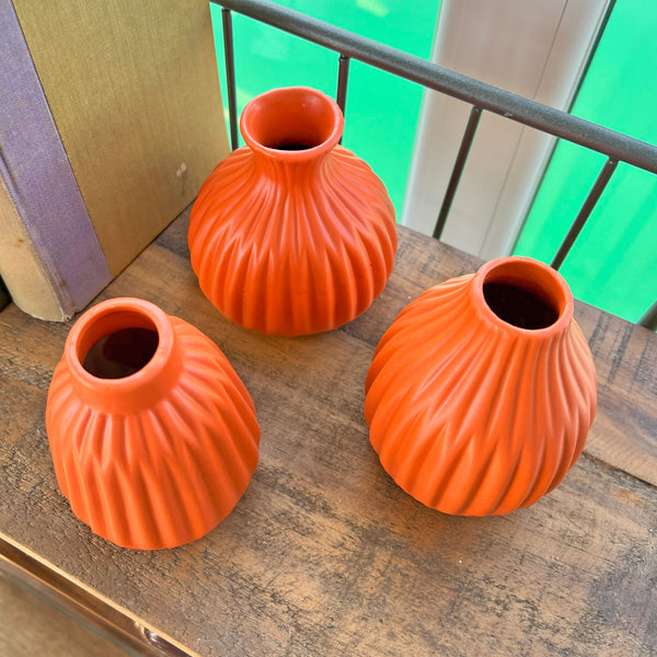 Set 3 Orange Porcelain Bud Vases Pleated Design