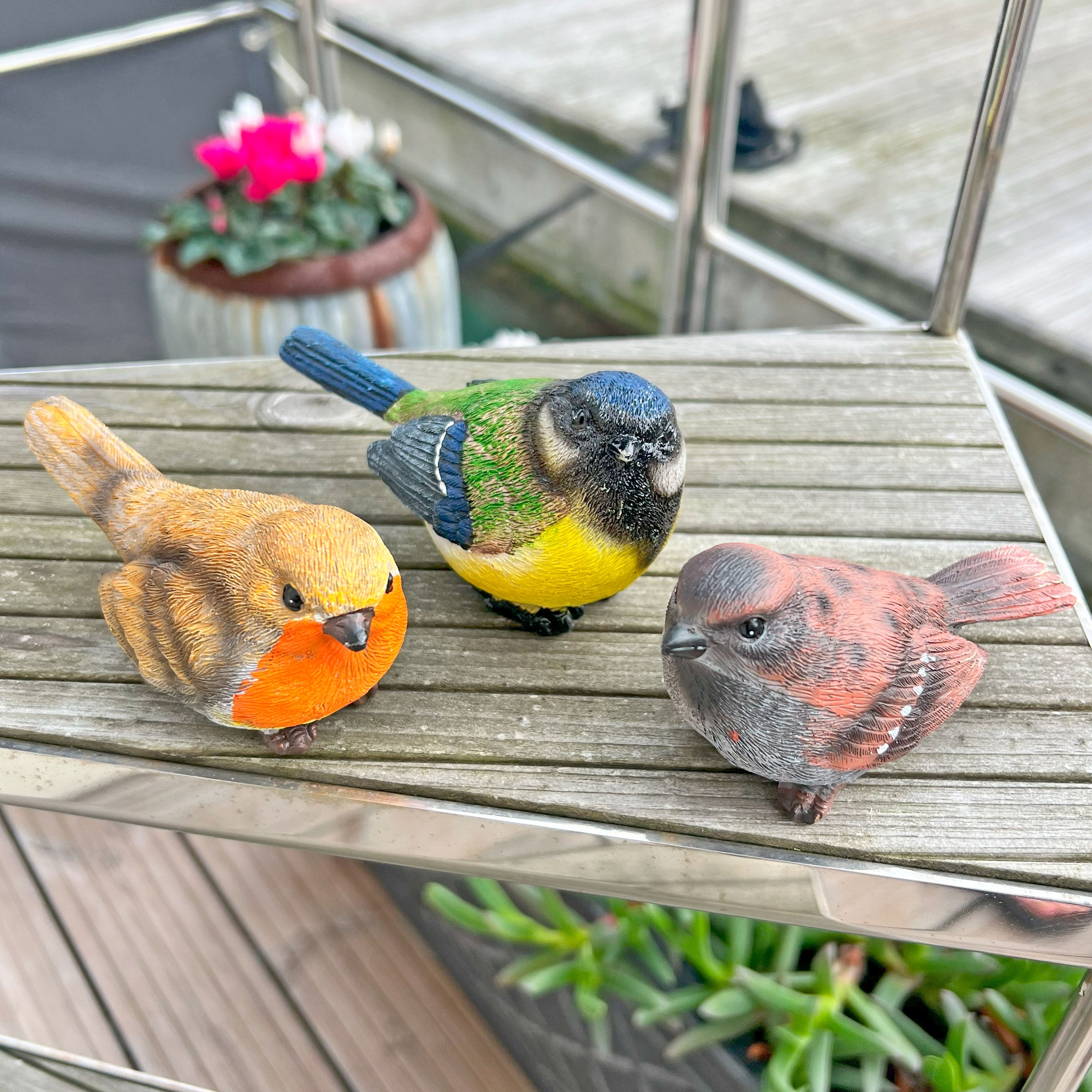 Set 3 British Bird Garden Ornaments Robin, Sparrow & Blue Tit