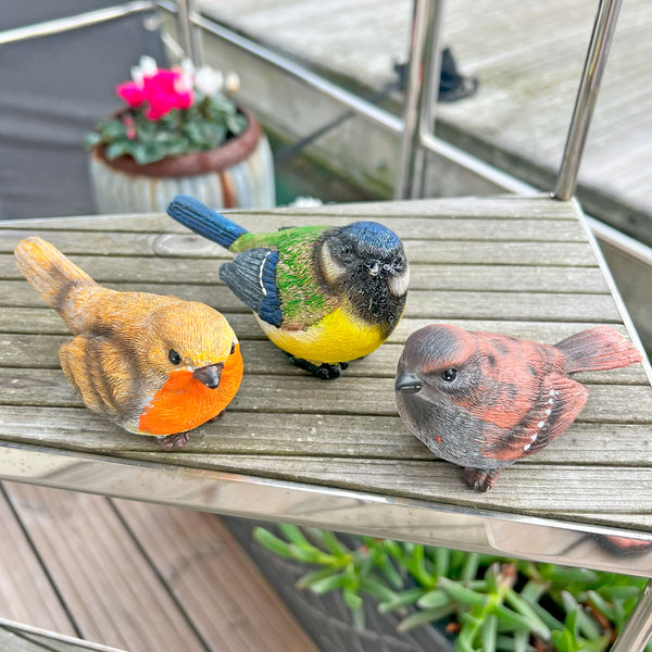 Set 3 British Bird Garden Ornaments Robin, Sparrow & Blue Tit