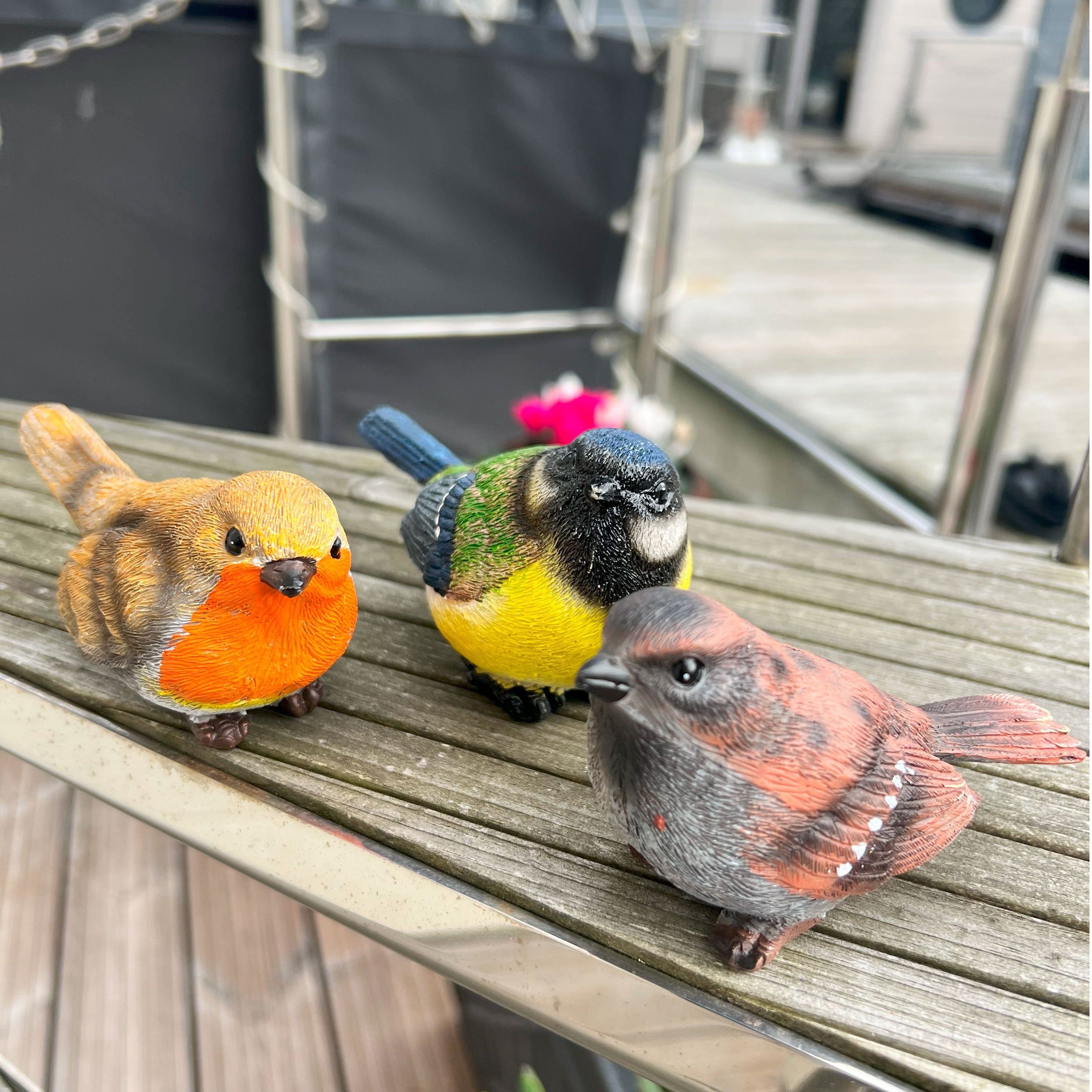 Set 3 British Bird Garden Ornaments Robin, Sparrow & Blue Tit