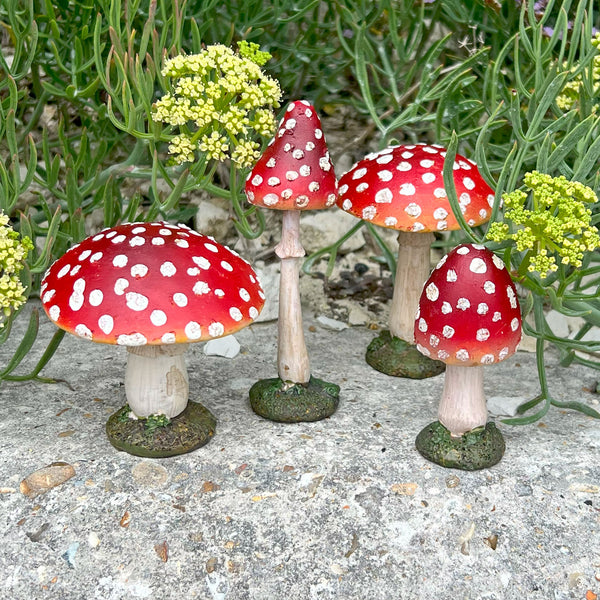 Set of Four Red Mushroom Toadstool Garden Ornaments