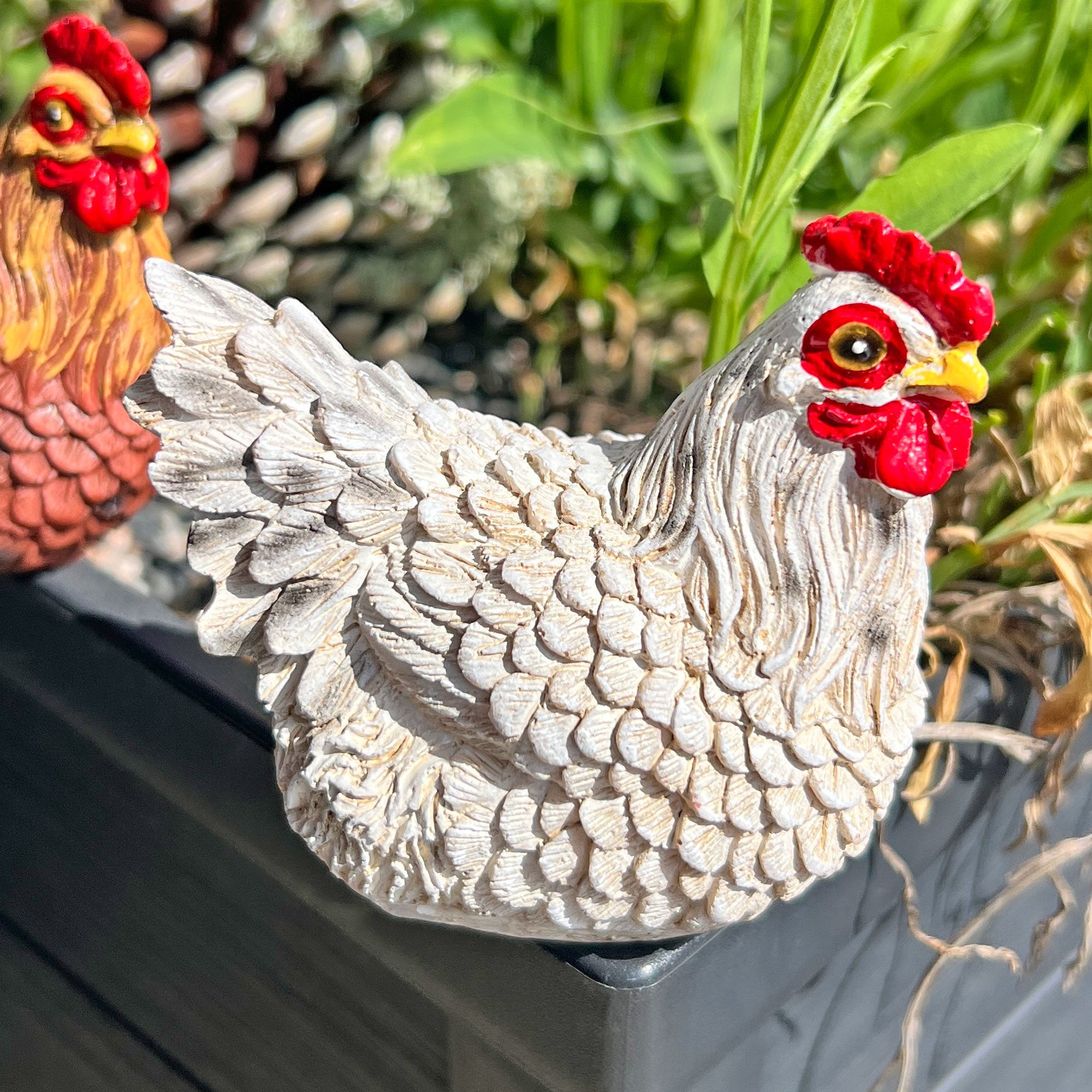 Pair of Pot Topping Chicken Garden Ornaments