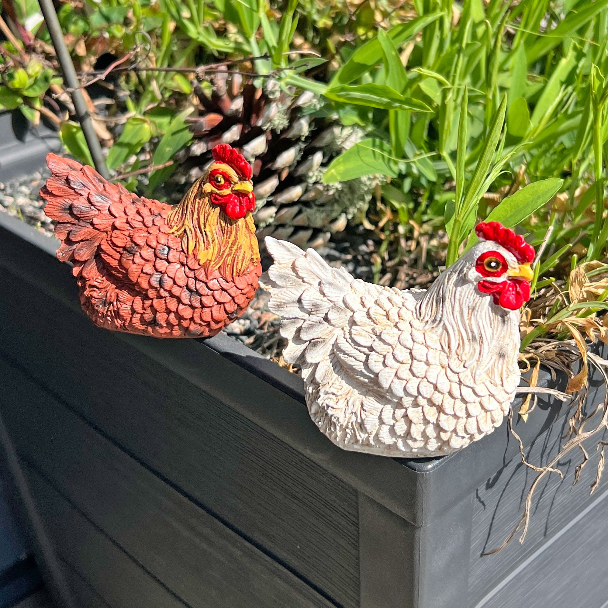 Pair of Pot Topping Chicken Garden Ornaments