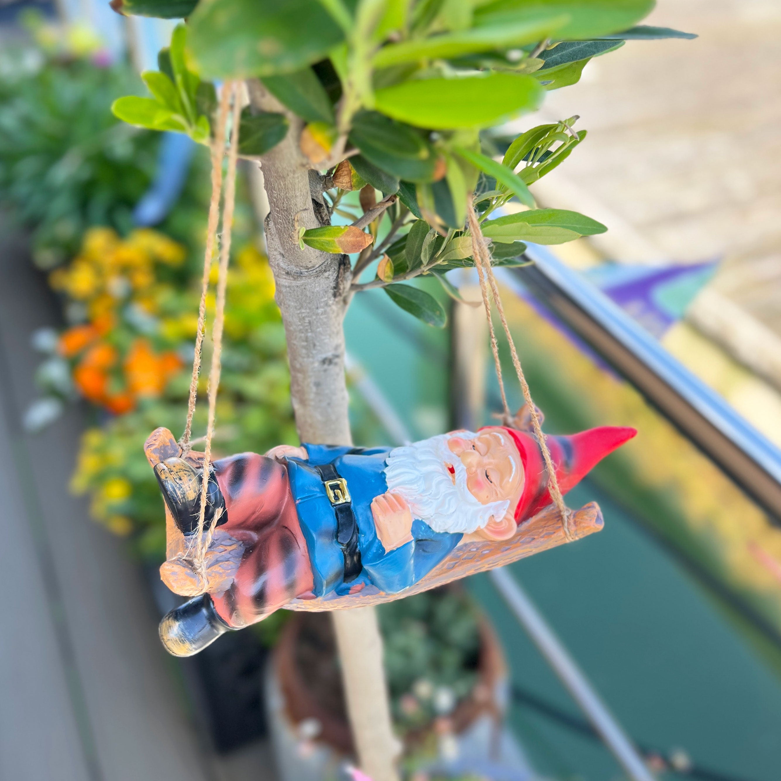 Sleeping Gnome in a Hammock Hanging Garden Ornament