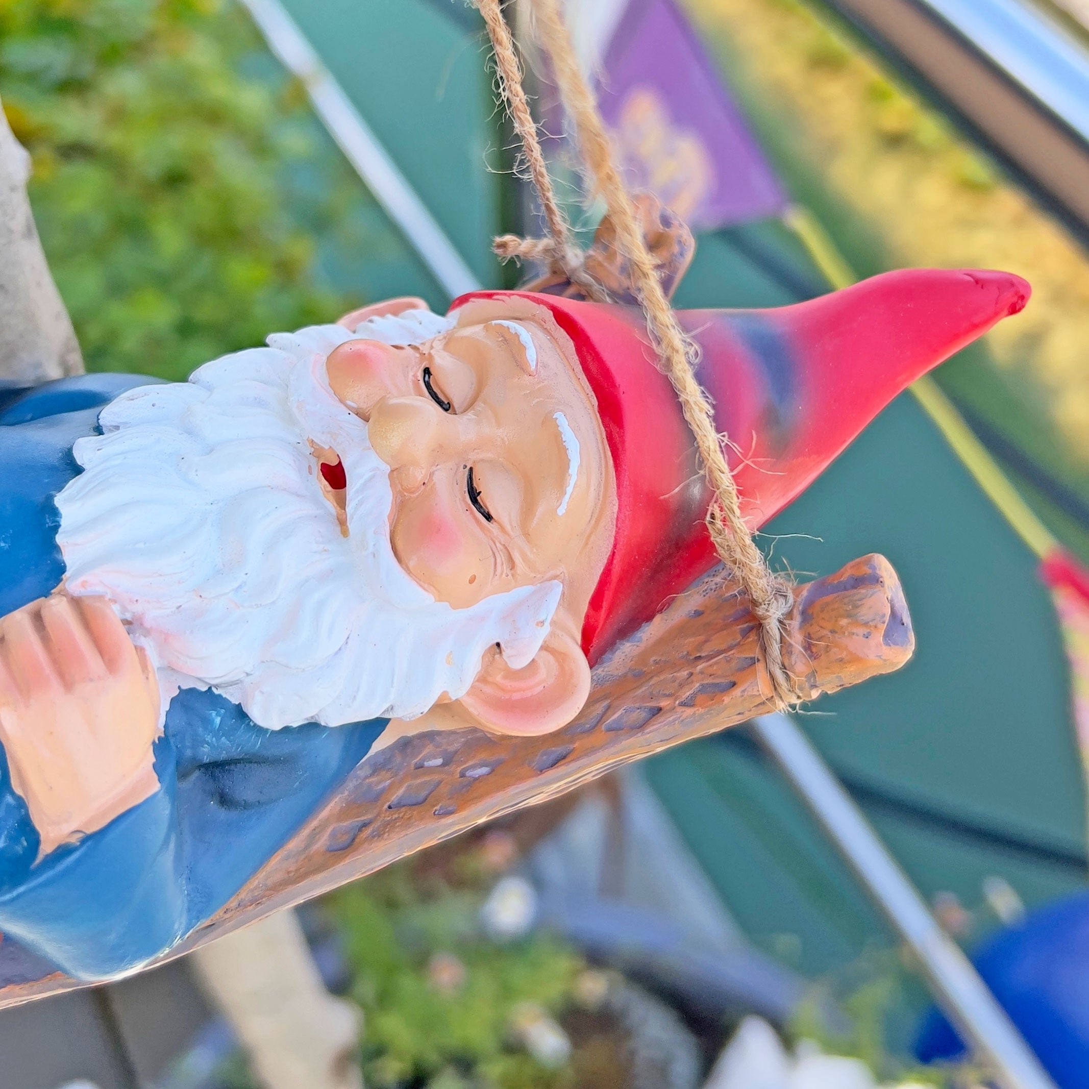 Sleeping Gnome in a Hammock Hanging Garden Ornament