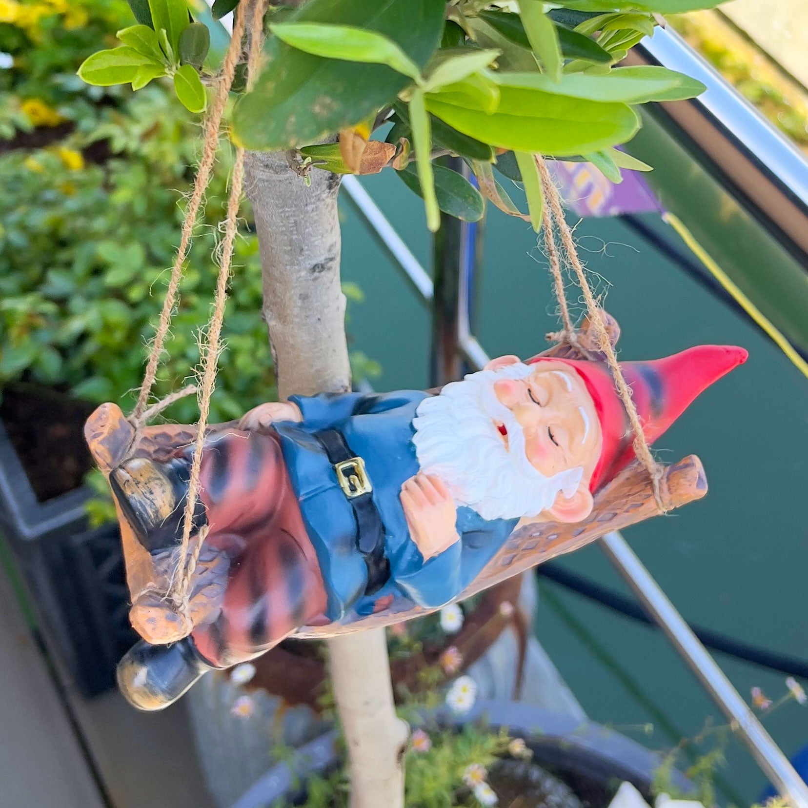 Sleeping Gnome in a Hammock Hanging Garden Ornament