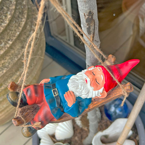 Sleeping Gnome in a Hammock Hanging Garden Ornament