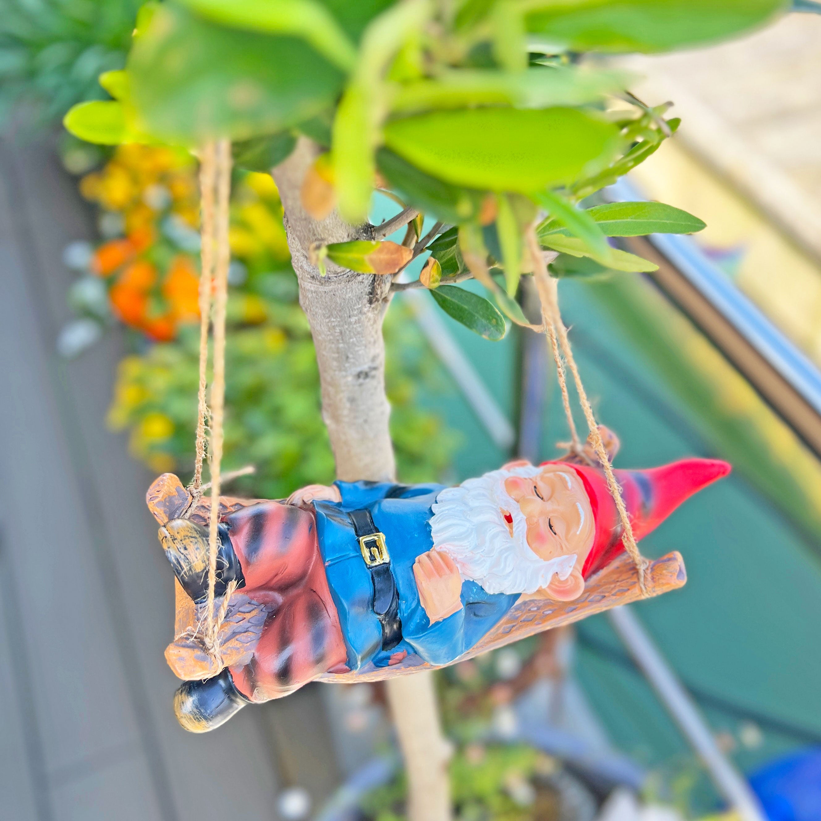 Sleeping Gnome in a Hammock Hanging Garden Ornament