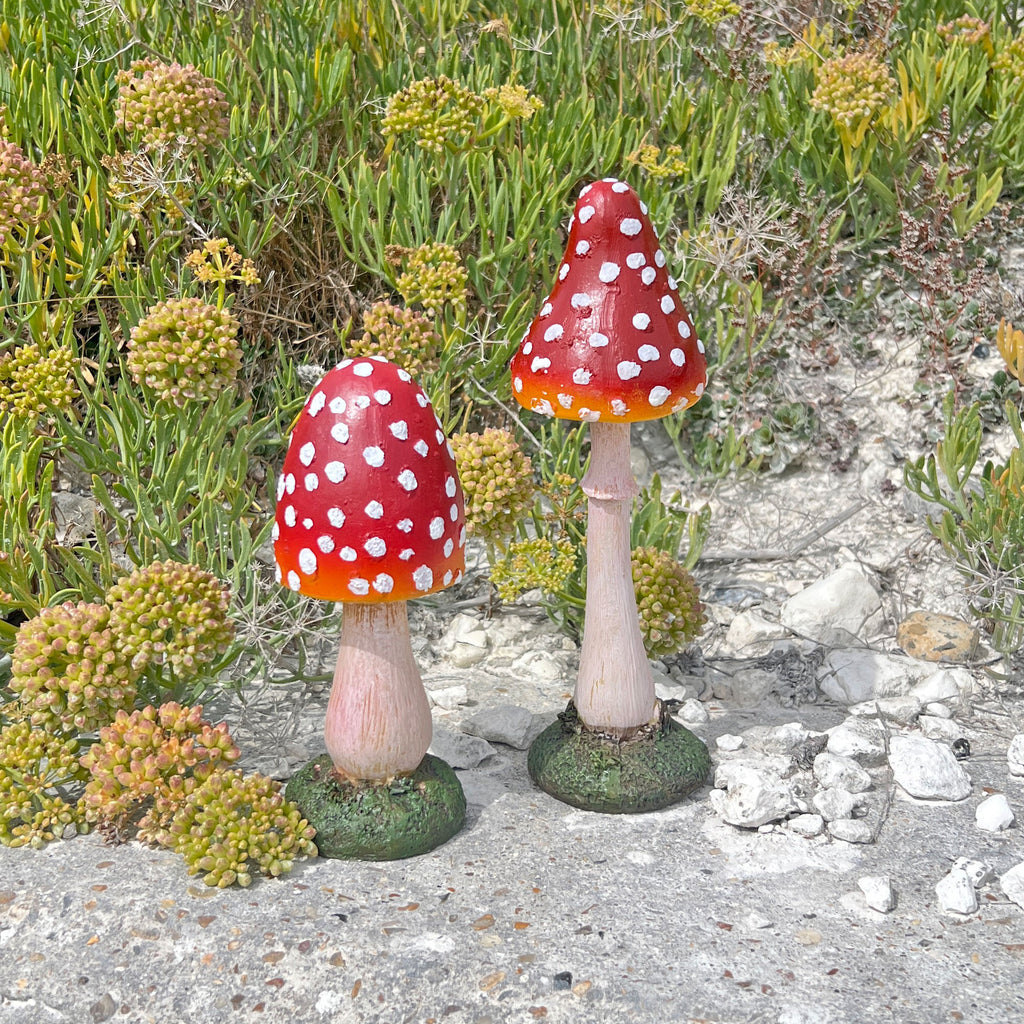 Pair of Pointed Garden Mushroom Red Cap Toadstool Ornaments