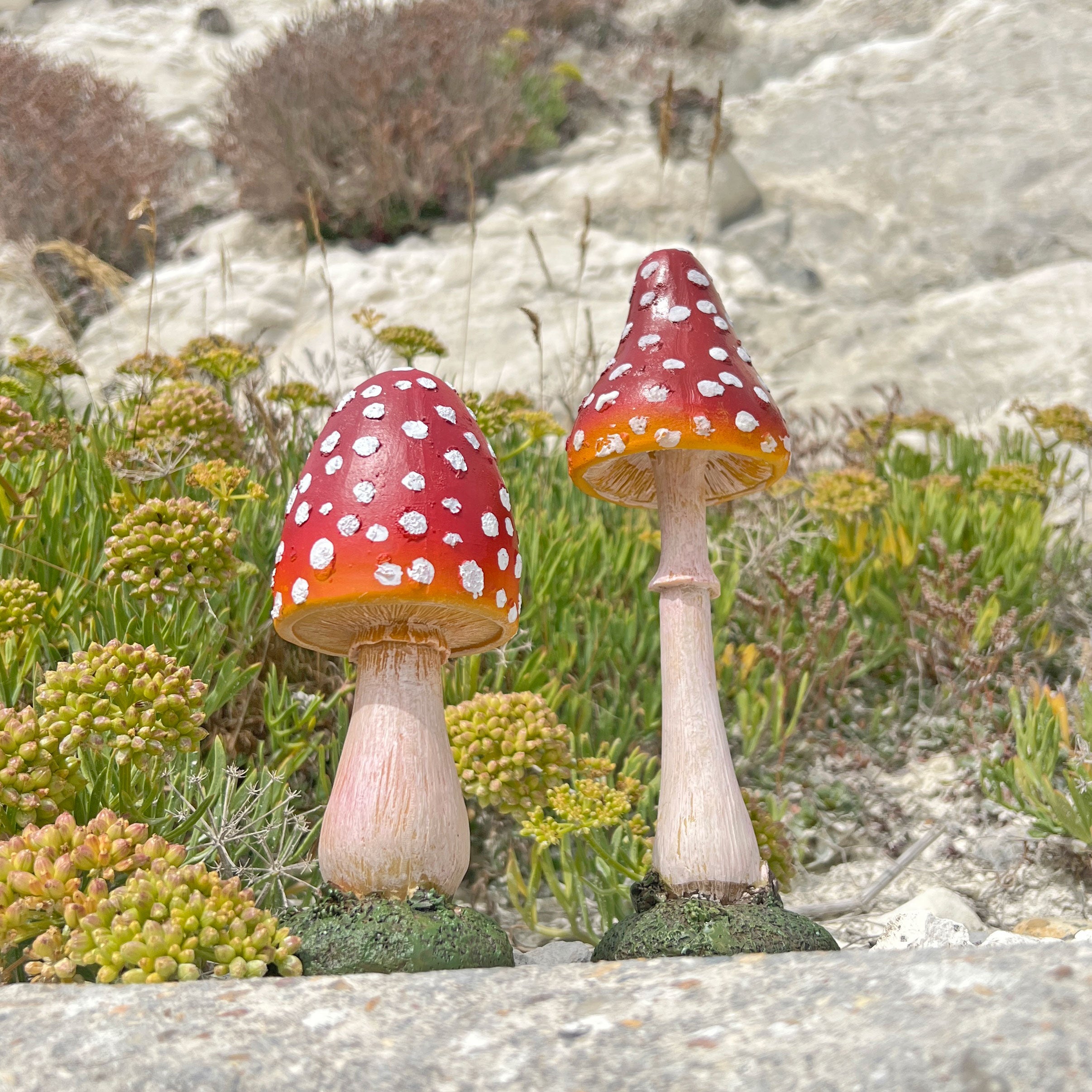 Pair of Pointed Garden Mushroom Red Cap Toadstool Ornaments