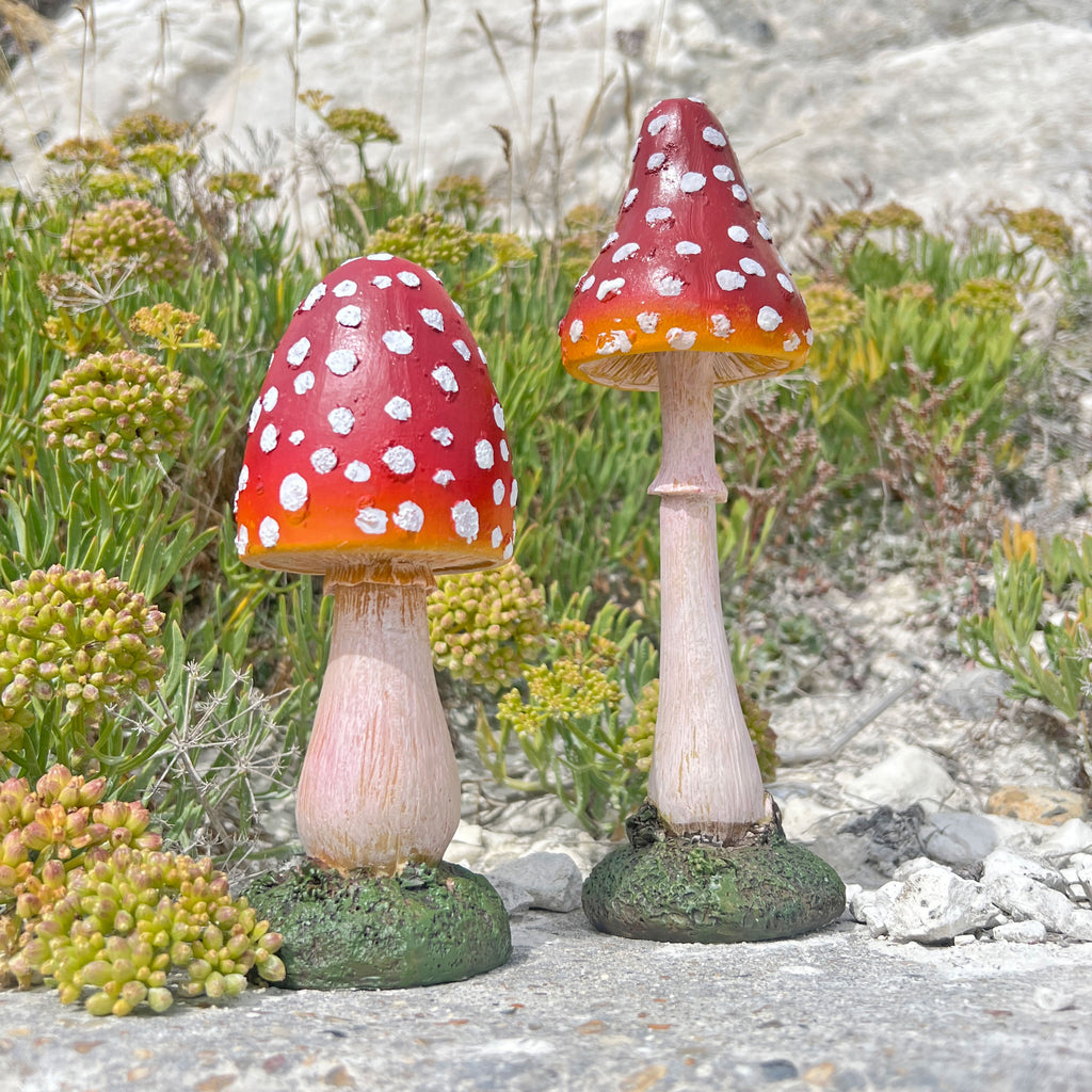 Pair of Pointed Garden Mushroom Red Cap Toadstool Ornaments