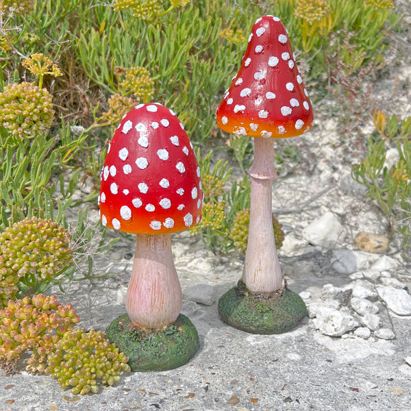Pair of Pointed Garden Mushroom Red Cap Toadstool Ornaments