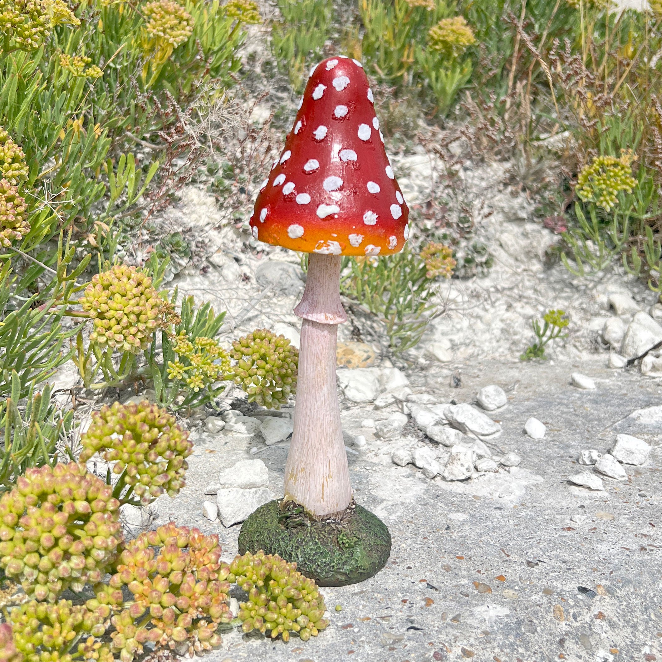 Pair of Pointed Garden Mushroom Red Cap Toadstool Ornaments