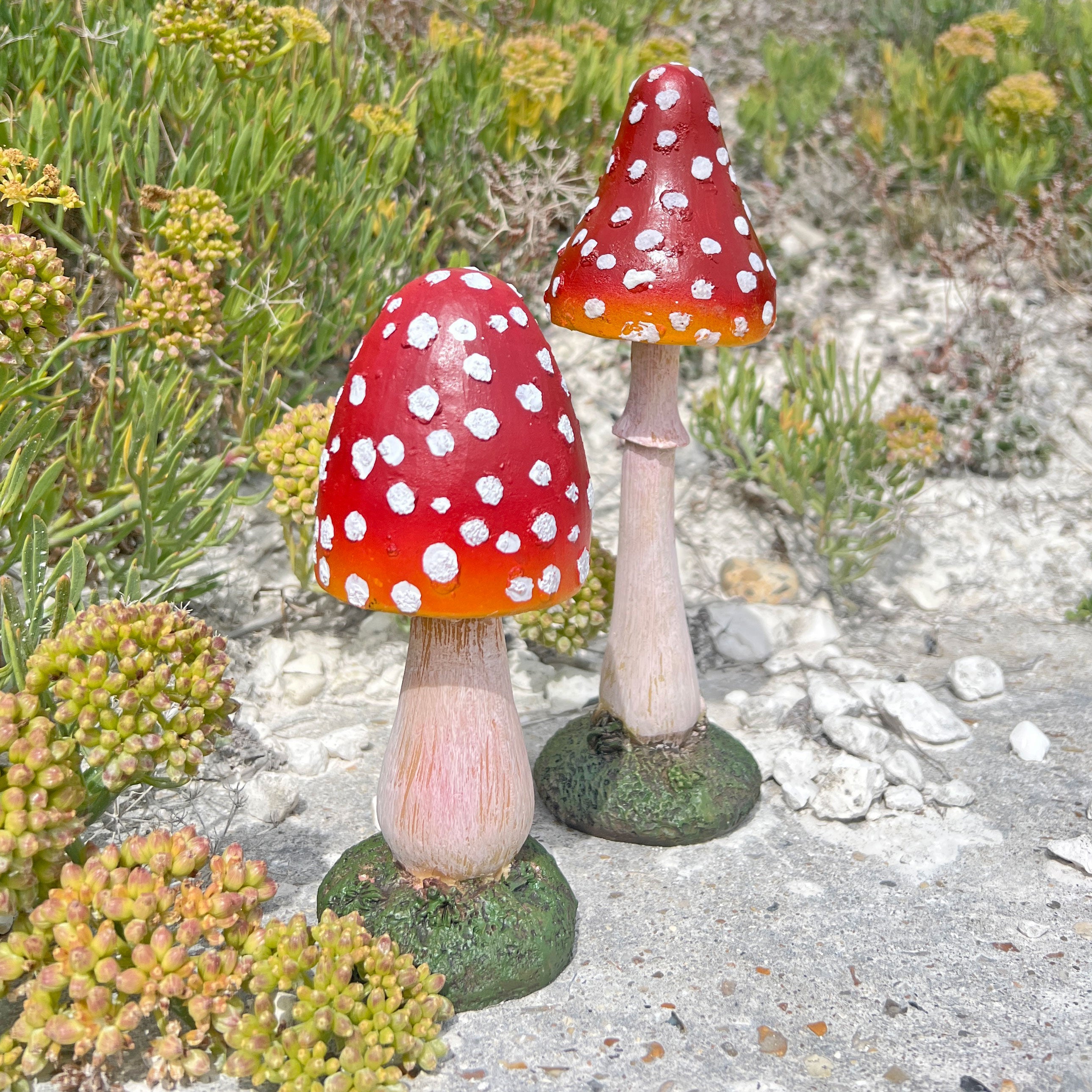 Pair of Pointed Garden Mushroom Red Cap Toadstool Ornaments