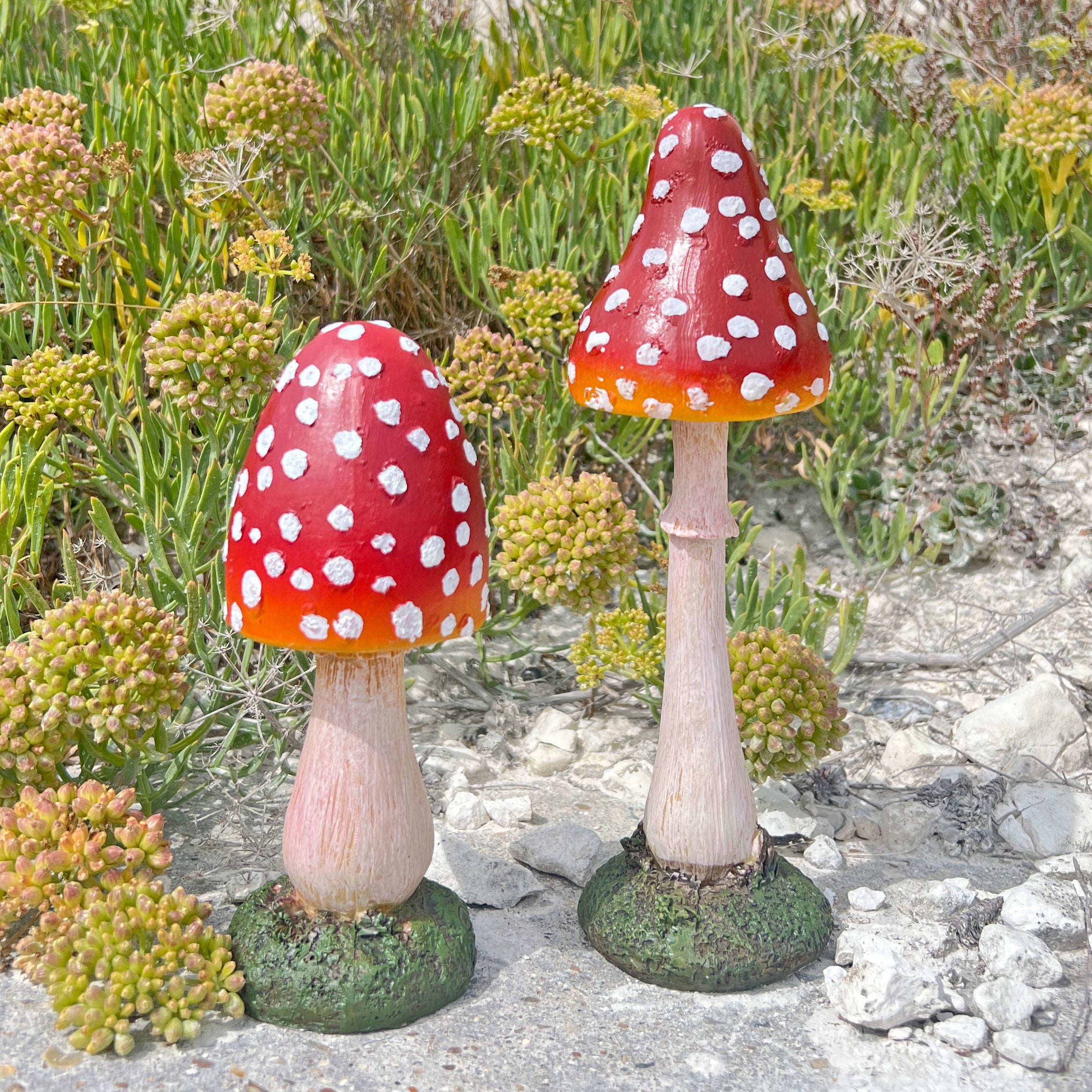 Pair of Pointed Garden Mushroom Red Cap Toadstool Ornaments