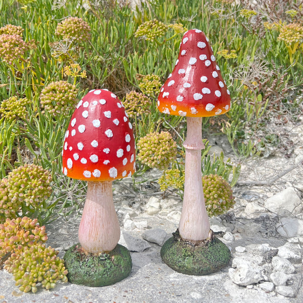 Pair of Pointed Garden Mushroom Red Cap Toadstool Ornaments