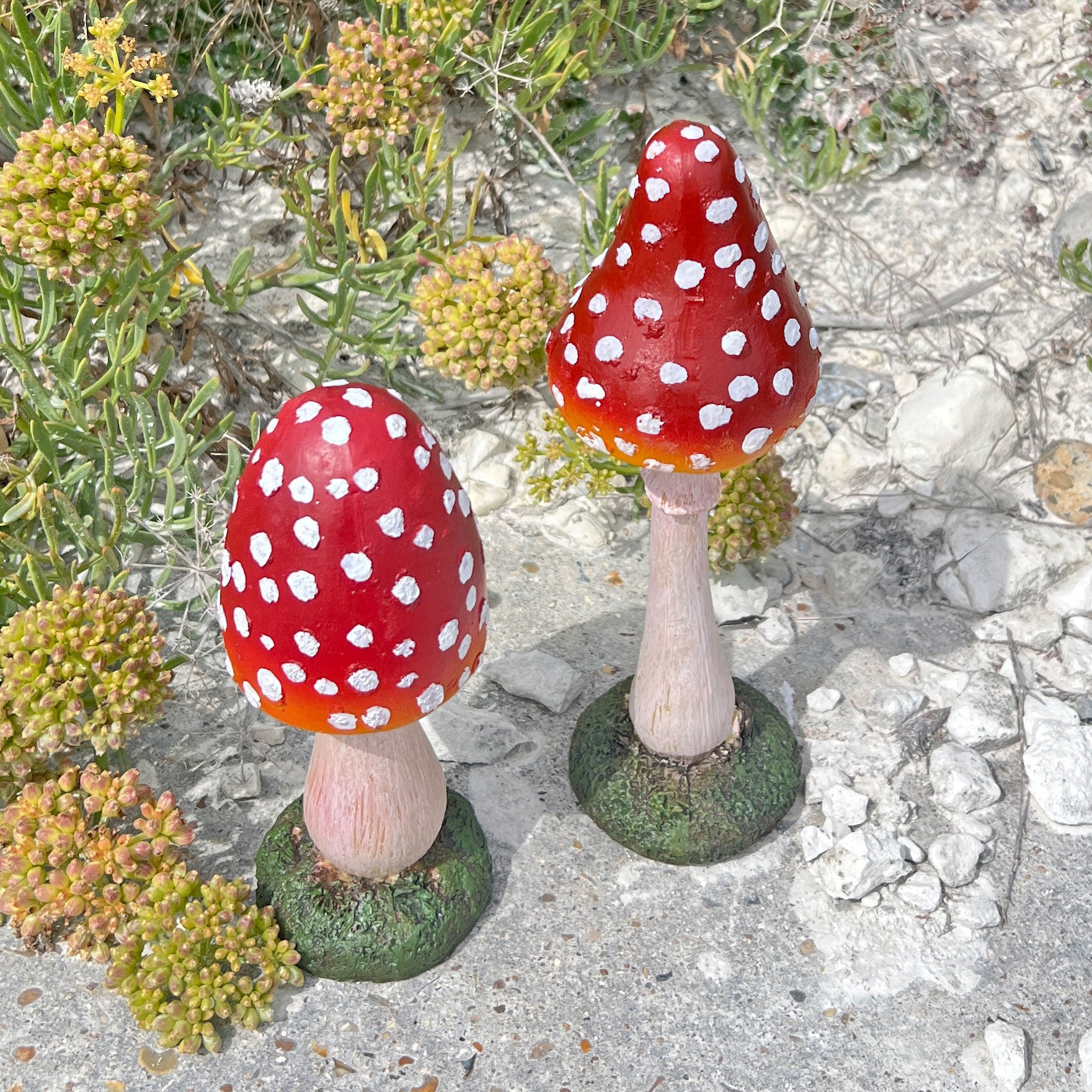 Pair of Pointed Garden Mushroom Red Cap Toadstool Ornaments