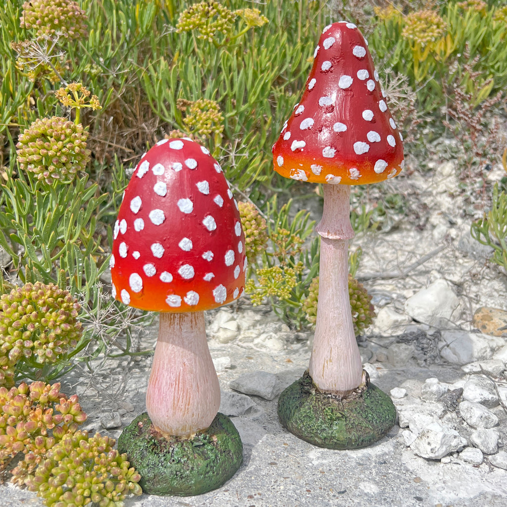 Pair of Pointed Garden Mushroom Red Cap Toadstool Ornaments