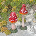 Two decorative mushrooms with red caps and white spots on a natural background