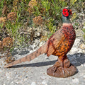 A realistic pheasant bird statue or decorative figure standing on a textured brown base outdoors on a stone surface, with green plants and dry flowers in the background.
