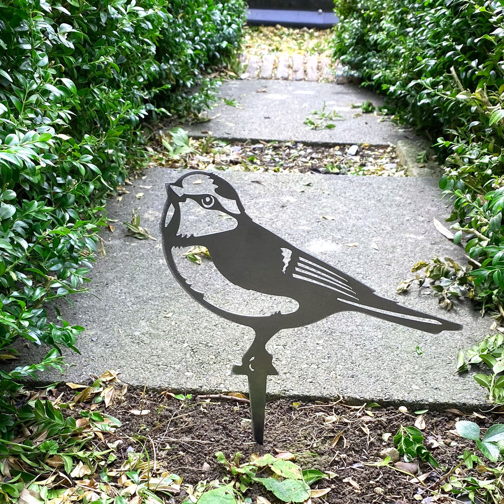 Steel Blue Tit Bird Silhouette Garden Stake Ornament