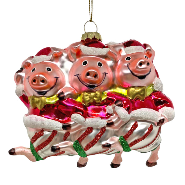 Dancing Christmas Pigs Glass Bauble Decoration