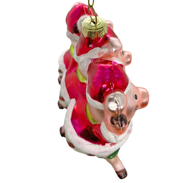 Dancing Christmas Pigs Glass Bauble Decoration