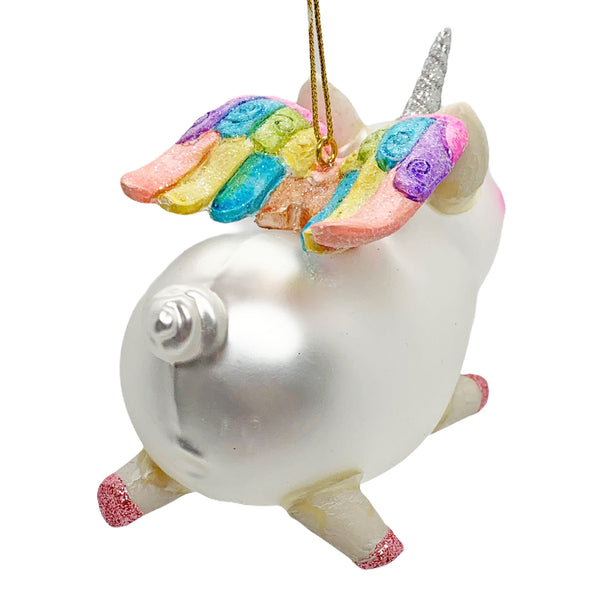 Unicorn Pig Christmas Bauble Rainbow Winged Hanging Glass Decoration