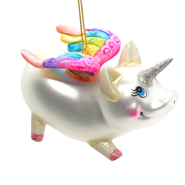 Unicorn Pig Christmas Bauble Rainbow Winged Hanging Glass Decoration