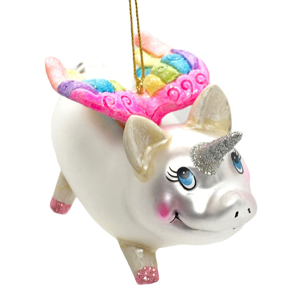 Unicorn Pig Christmas Bauble Rainbow Winged Hanging Glass Decoration