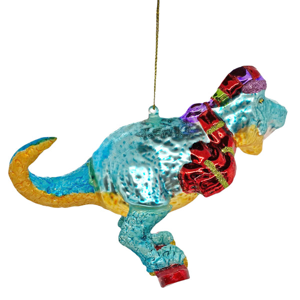 Surfing Dinosaur Glass Christmas Tree Bauble