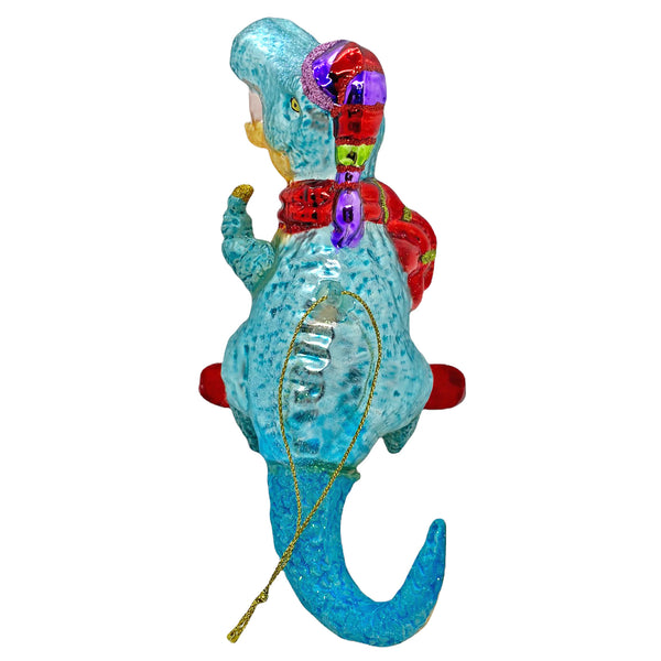 Surfing Dinosaur Glass Christmas Tree Bauble