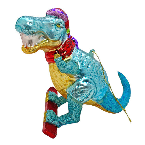 Surfing Dinosaur Glass Christmas Tree Bauble