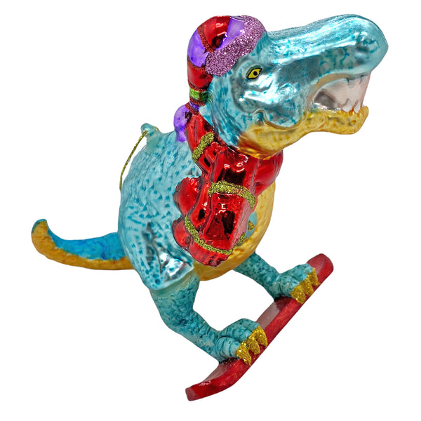 Surfing Dinosaur Glass Christmas Tree Bauble