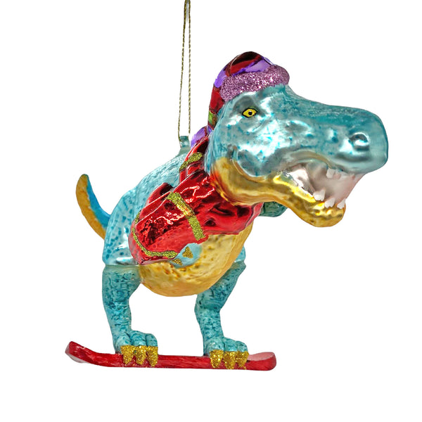 Surfing Dinosaur Glass Christmas Tree Bauble